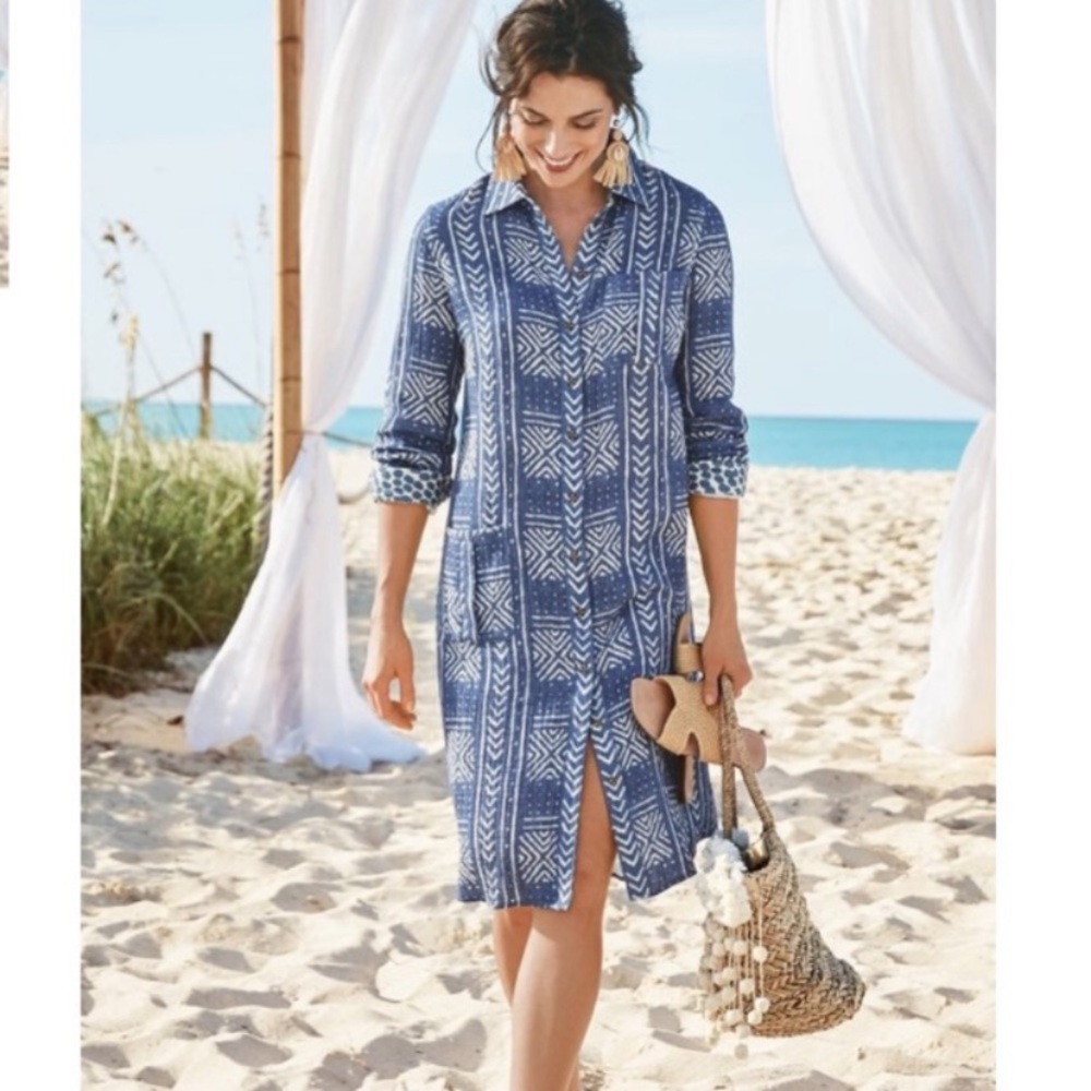 Soft Surroundings Blue and White Long Sleeve Shirt Dress - Picture 2 of 8
